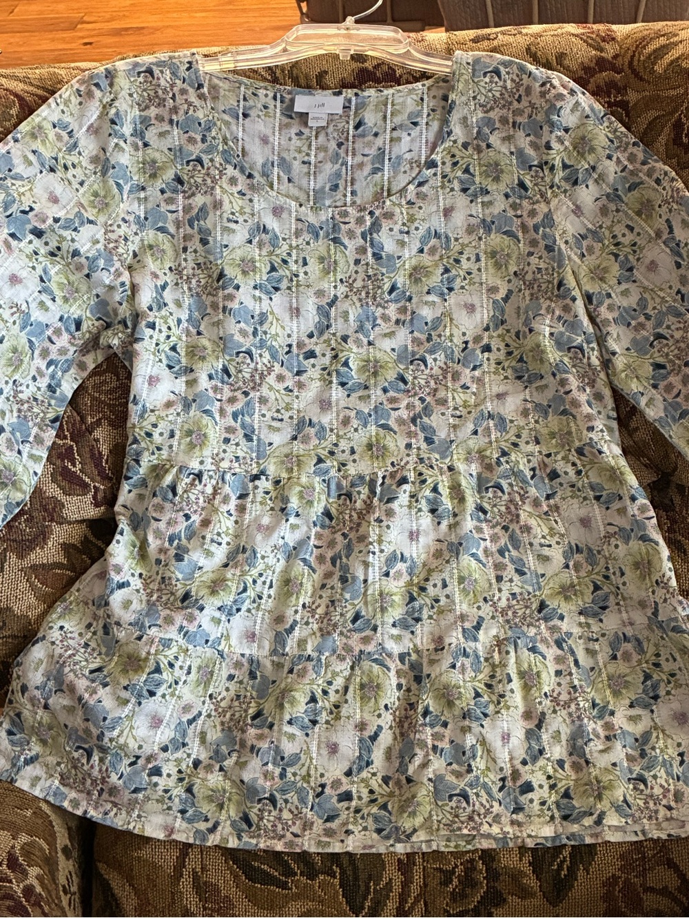 J. Jill tiered peplum top size L white blue floral boat neck textured cotton